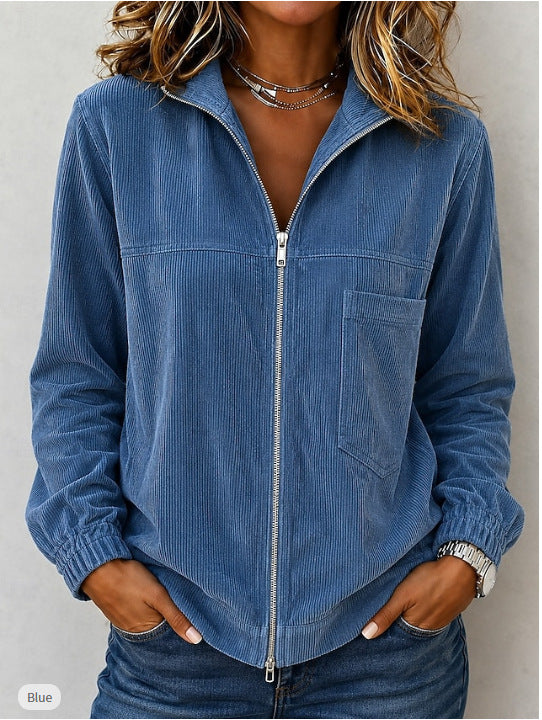 Women's cord jacket with zipper, stand-up collar and patch chest pocket Chichicherry