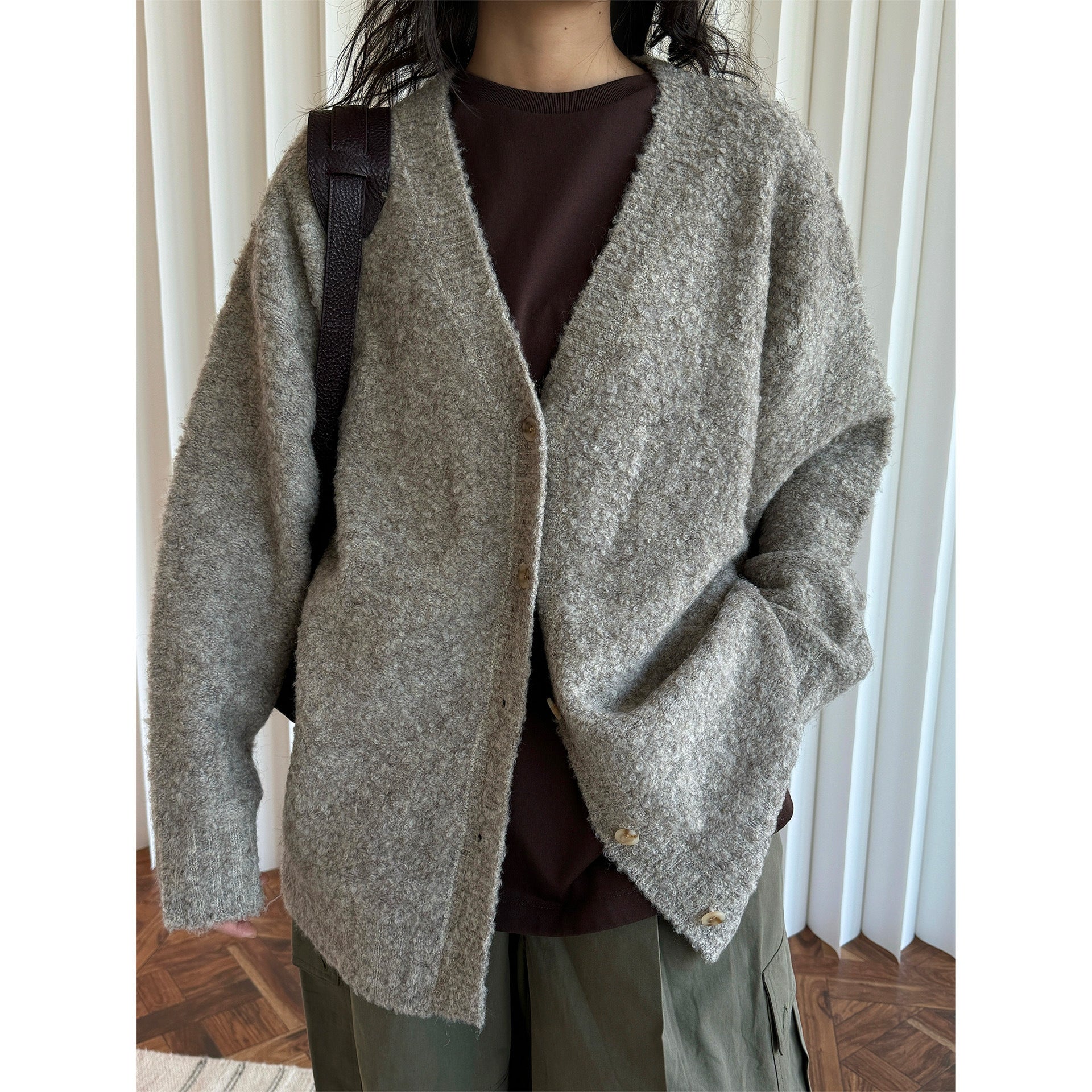 Ladies Boxy Cardigan made of fluffy bouclé wool blend with deep V and button placket Chichicherry