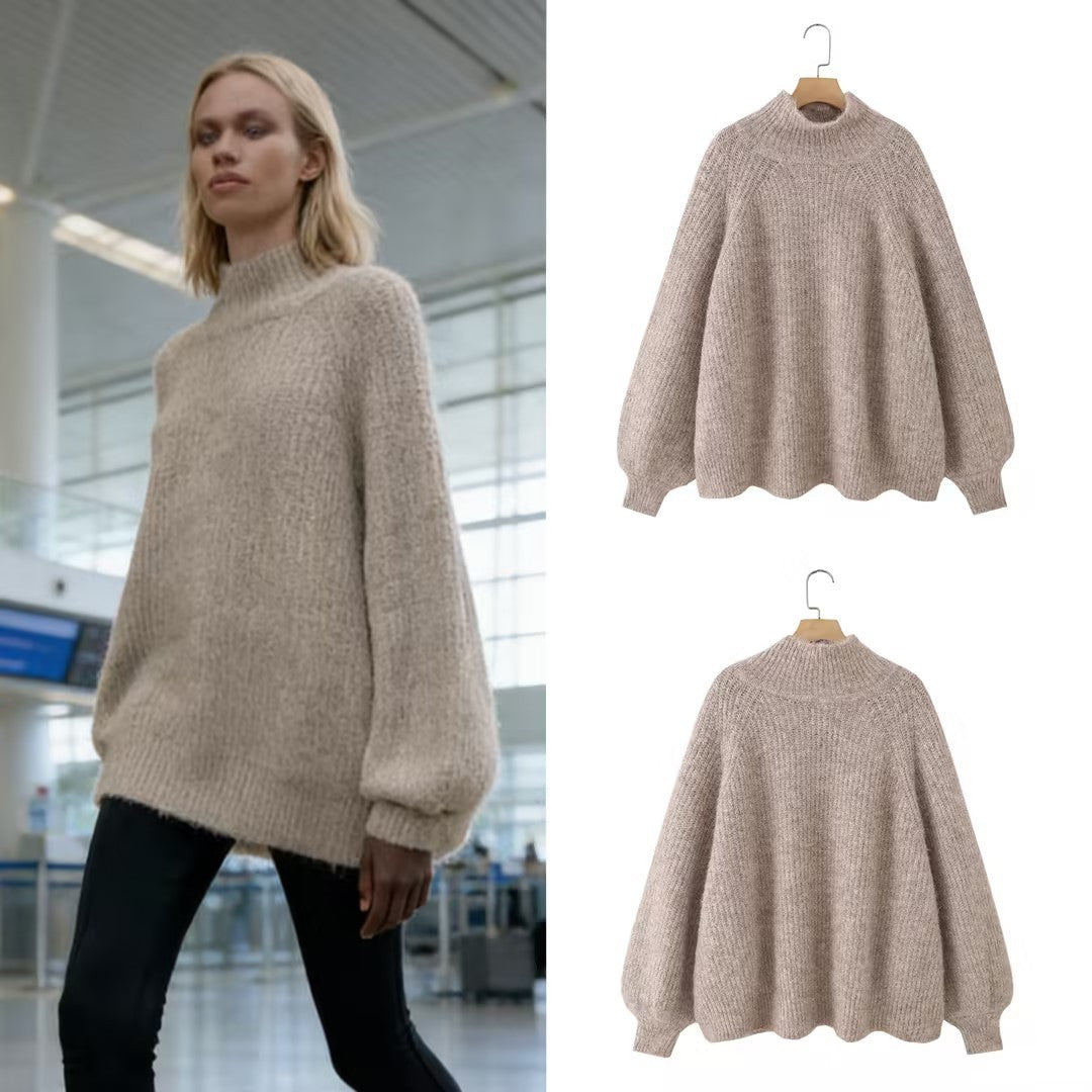 Women Oversize Mohair-Optic Knit Sweater with Stand-Up Collar and Balloon Sleeves Chichicherry