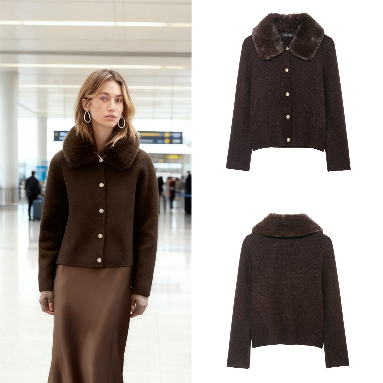 Women Short-Cut Knitted Cardigan with Detachable Faux-Fur Collar Chichicherry