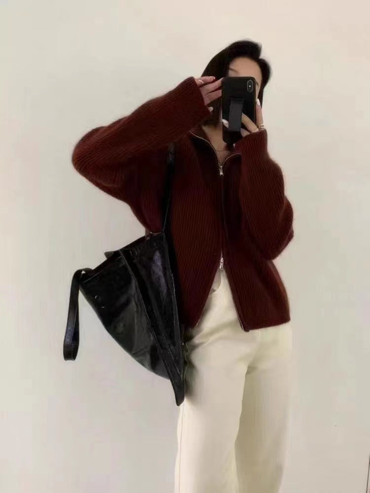Women Oversized Cardigan with Zipper, Stand-Up Collar and Ribbed Structure Chichicherry