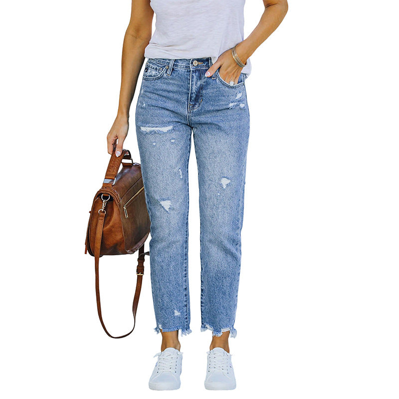 Women's High-Waist Jeans with straight leg, destroyed look and raw hem Chichicherry