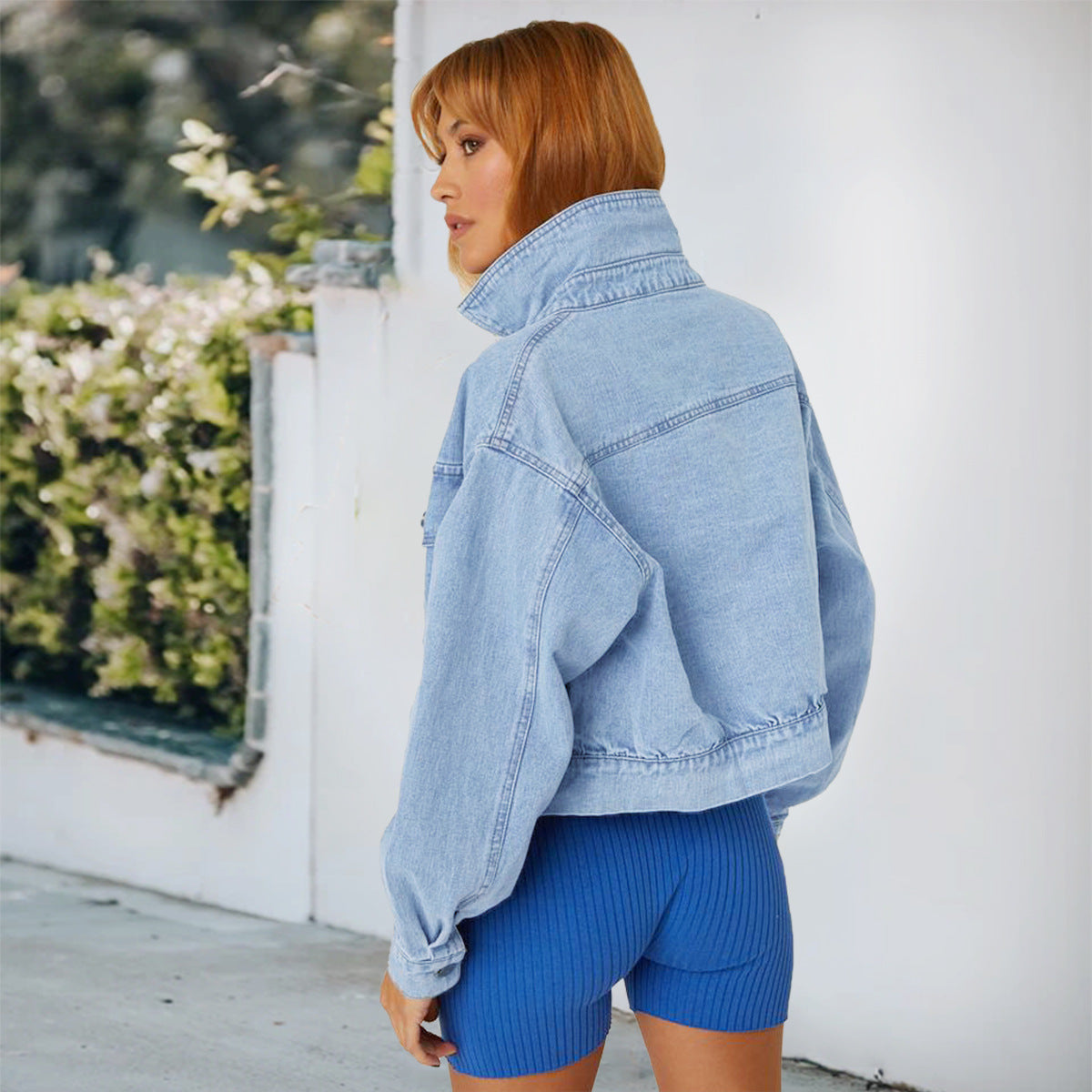 Women's Cropped Oversize Denim Jacket with Snap Button Front and Patch Chest Pockets Chichicherry