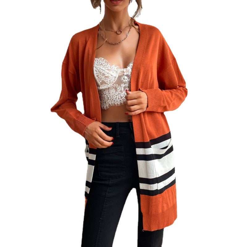 Women's mid-length open fine-knit cardigan with color block stripes and patch pockets Chichicherry