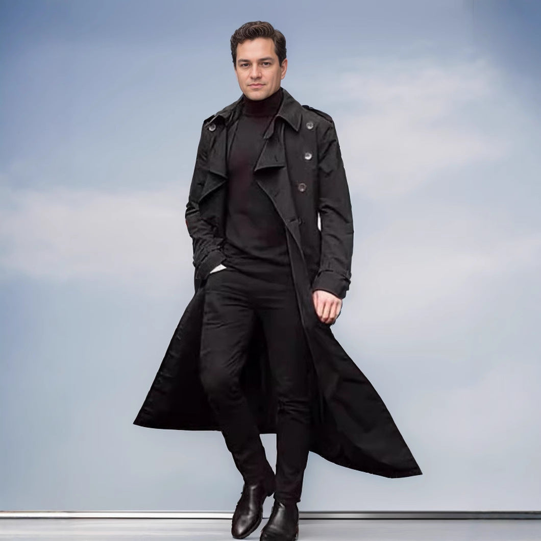 Herren Wasserabweisender Long-Trenchcoat mit doppelter Knopfleiste, Schulterklappen und verstellbarem Taillengürtel Chichicherry