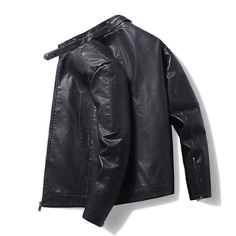 Men's Faux Leather Jacket in Moto Style with Stand Collar and Full Zip Chichicherry