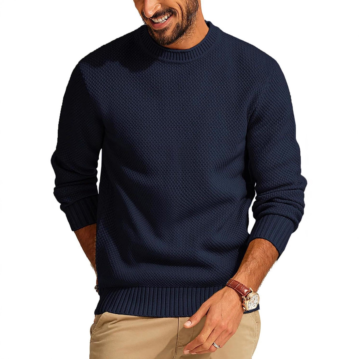 Men's Waffle Knit Sweater with Round Neck Chichicherry