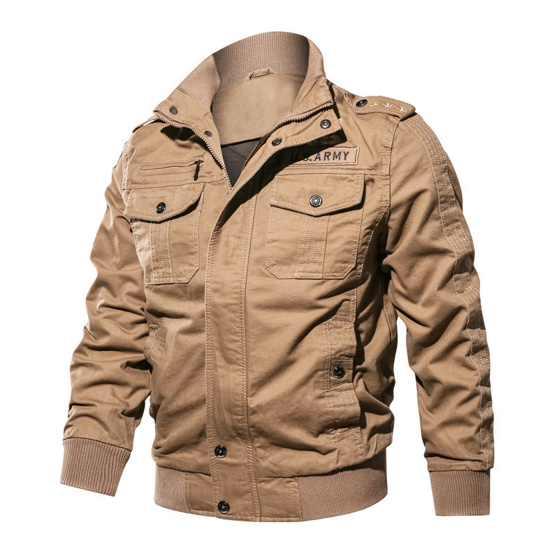 Men's field bomber jacket in military utility style with shoulder patches, ribbed cuffs, and patch chest pockets Chichicherry
