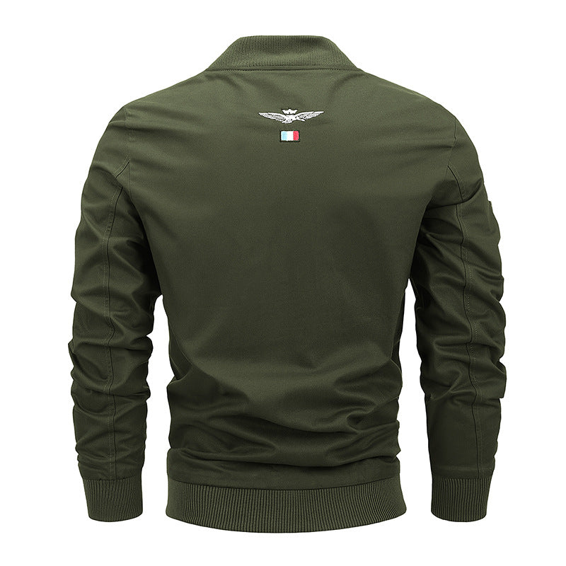 Men's Canvas Bomber Jacket with Vintage Patch Details and Ribbed Cuffs Chichicherry