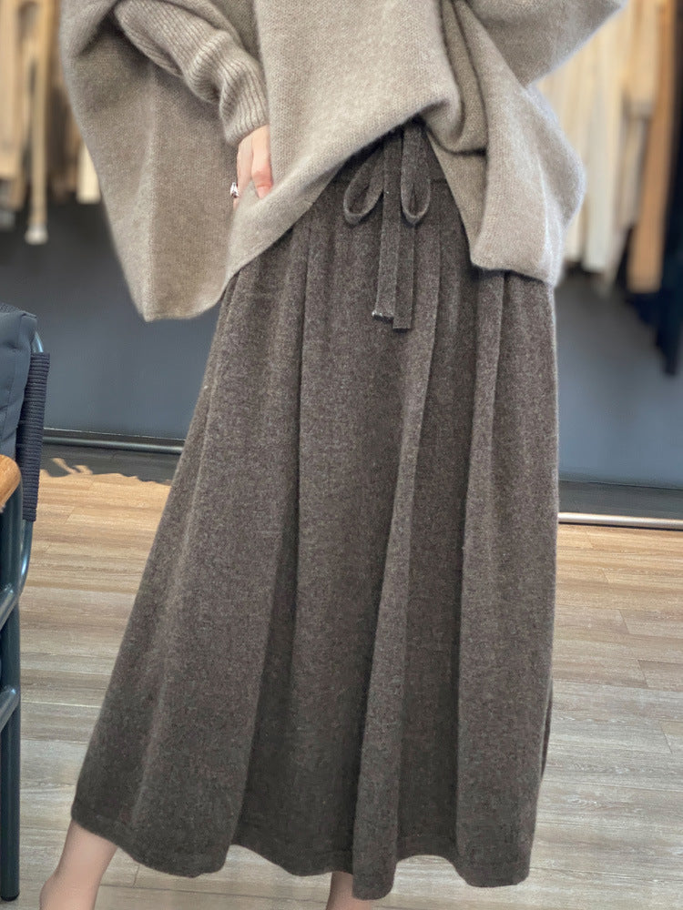 Women Midi-Length Cashmere-Effect Knit Skirt with Pleats and Drawstring Chicicherry