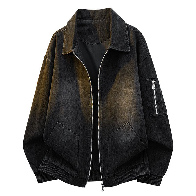 Men's Oversized Jeans-Bomber Jacket with Used Wash and Zip Arm Pocket Chichicherry