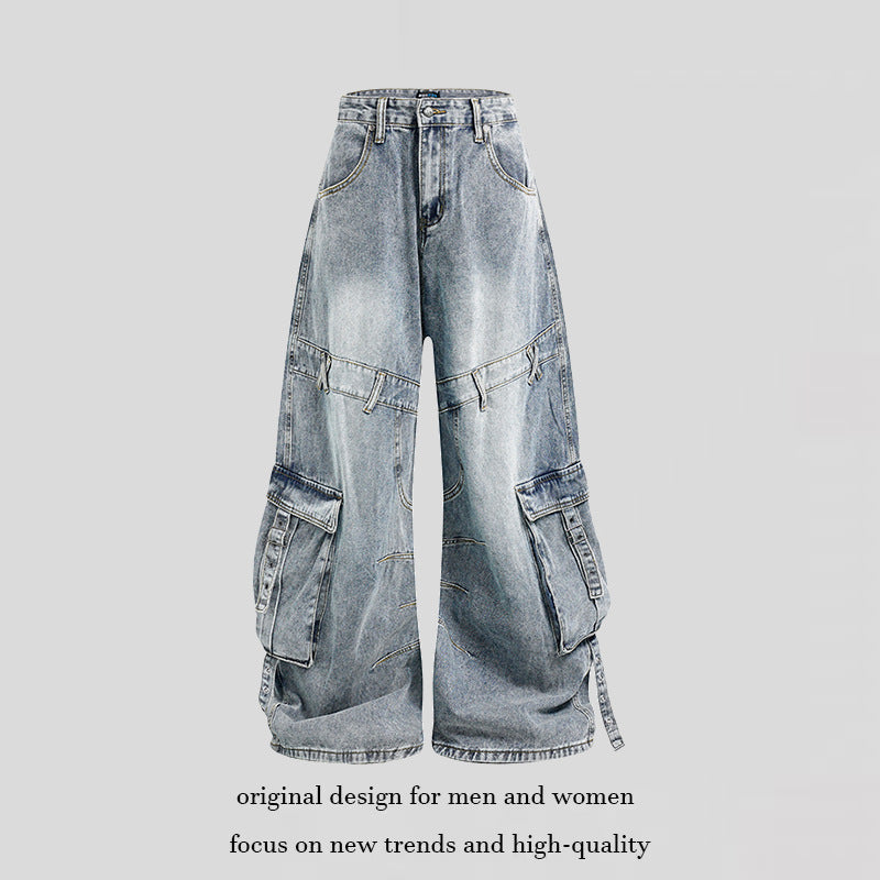 Women Wide Denim Cargo Culotte Pants with High Waist and Multifunctional Pockets Chichicherry