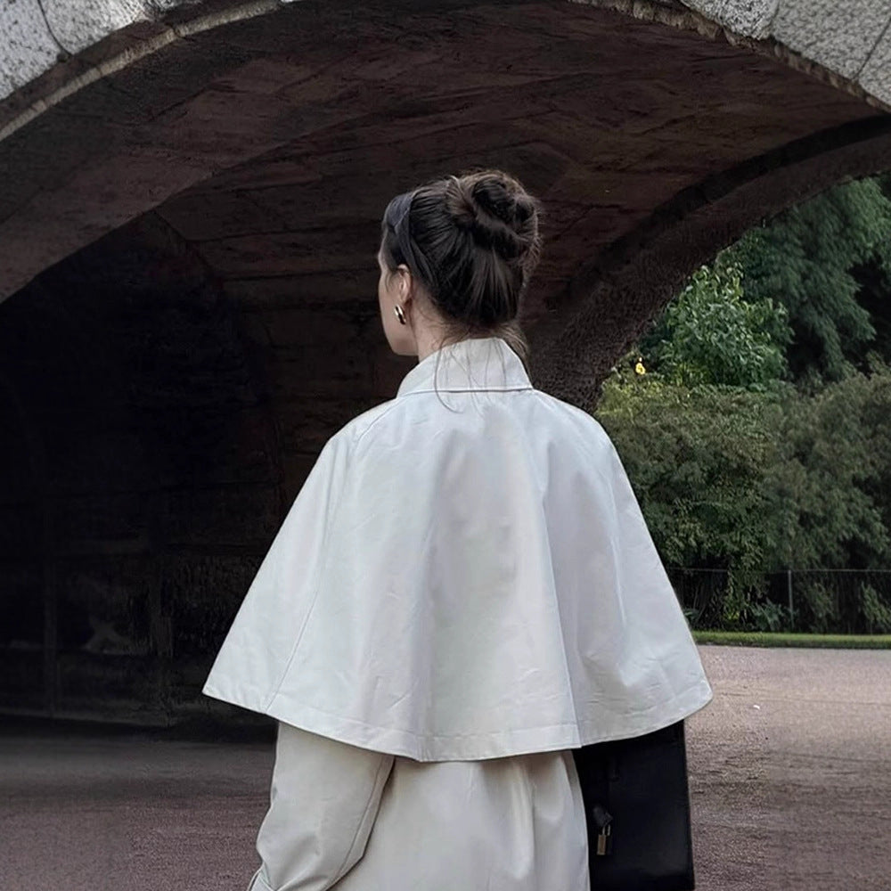 Women's Long Tailored Trench Coat with Detachable Cape and Tied Belt Chichicherry