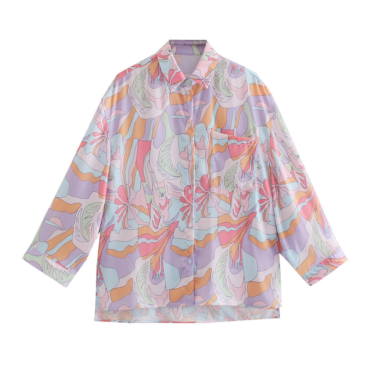 Women Oversize Shirt Blouse with Abstract Allover Print, Lightweight Chiffon Top, Long Sleeves Chichicherry