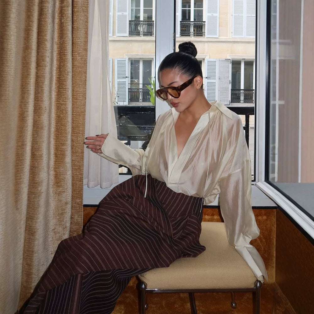 Women's Satin Glossy Oversized Blouse with Deep V-Neck, Wide Cuffs & Casual Silhouette Chichicherry