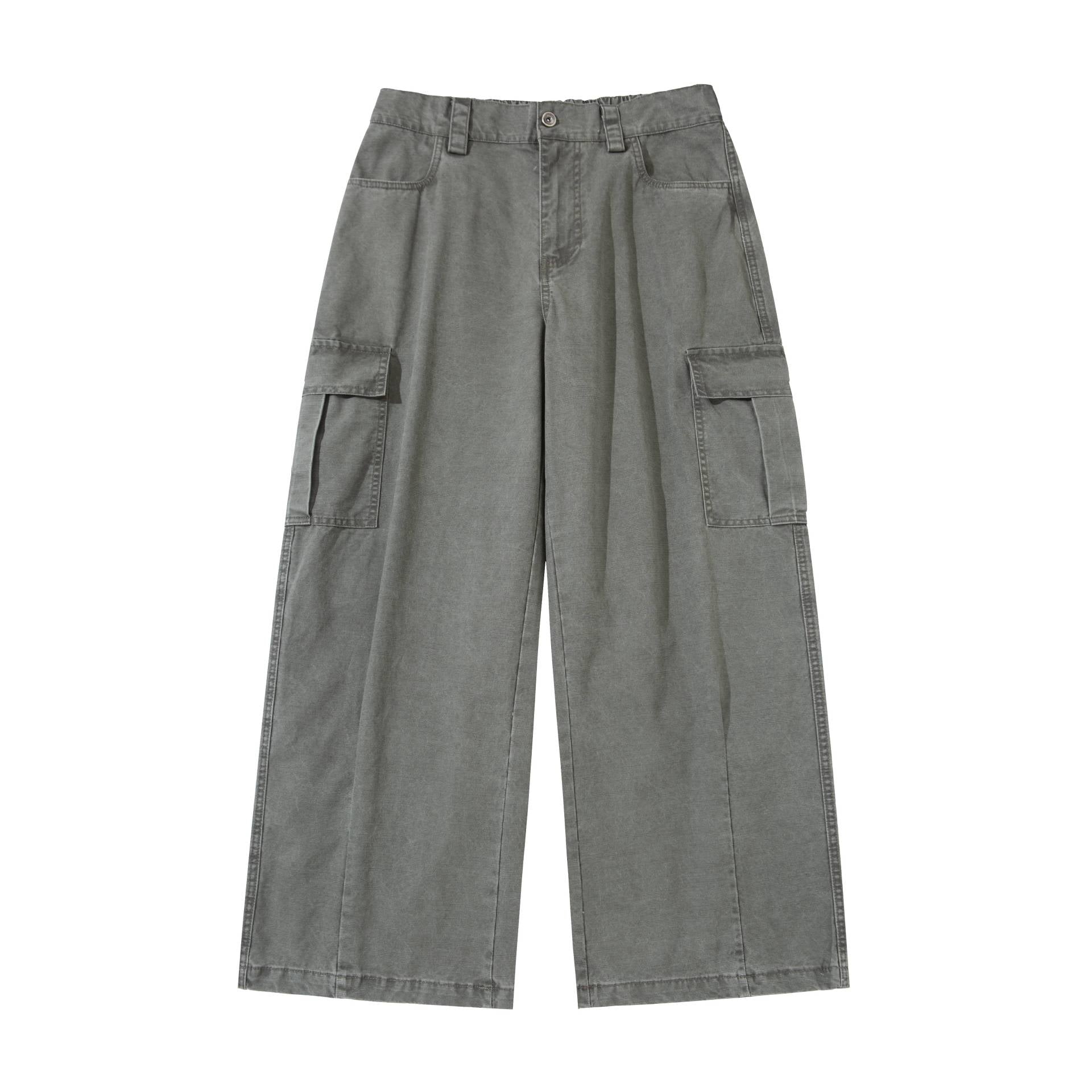 Women's cargo pants with wide leg, high waist, and patch pockets.