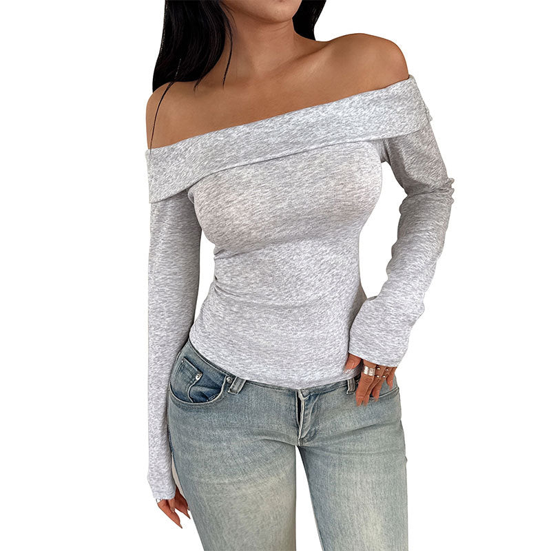 Women Off-Shoulder Long Sleeve Shaping Shirt with Rolled Carmen Yoke and Tailored Silhouette Chichicherry