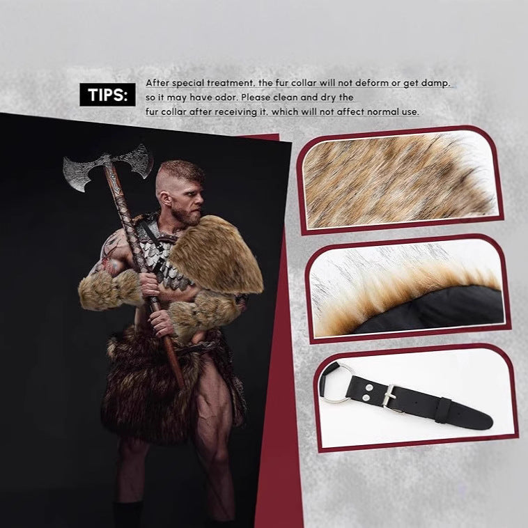 Men's Warrior Costume Accessory Set made of faux fur with shoulder drape, arm guards, and adjustable leather harness Chichicherry
