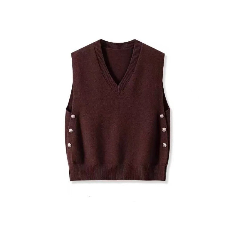 Women Sleeveless Fine Knit Waistcoat with V-Neck and Side Button Placket Chichicherry