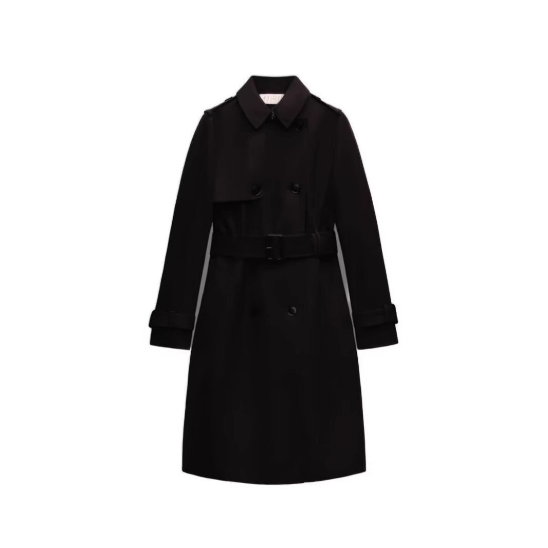 Women's Longer tailored trench coat with double-breasted button placket, waist belt, and sleeve tab Chichicherry