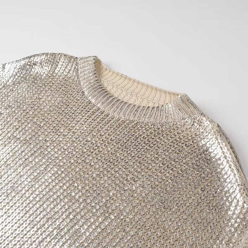Women's Oversized Knit Sweater with Cut-Out Shoulders and Metallic Shine Chichicherry