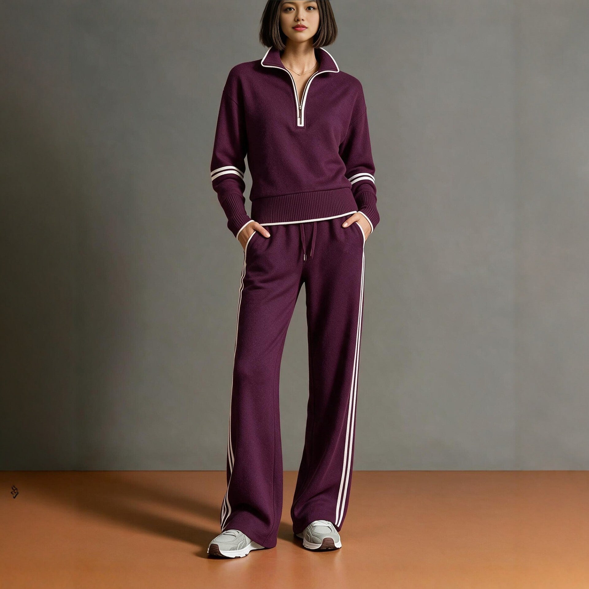 Damen Komfortables Strick-Jogging-Set mit Stehkragen, halbem Reißverschluss und Kontraststreifen Chichicherry