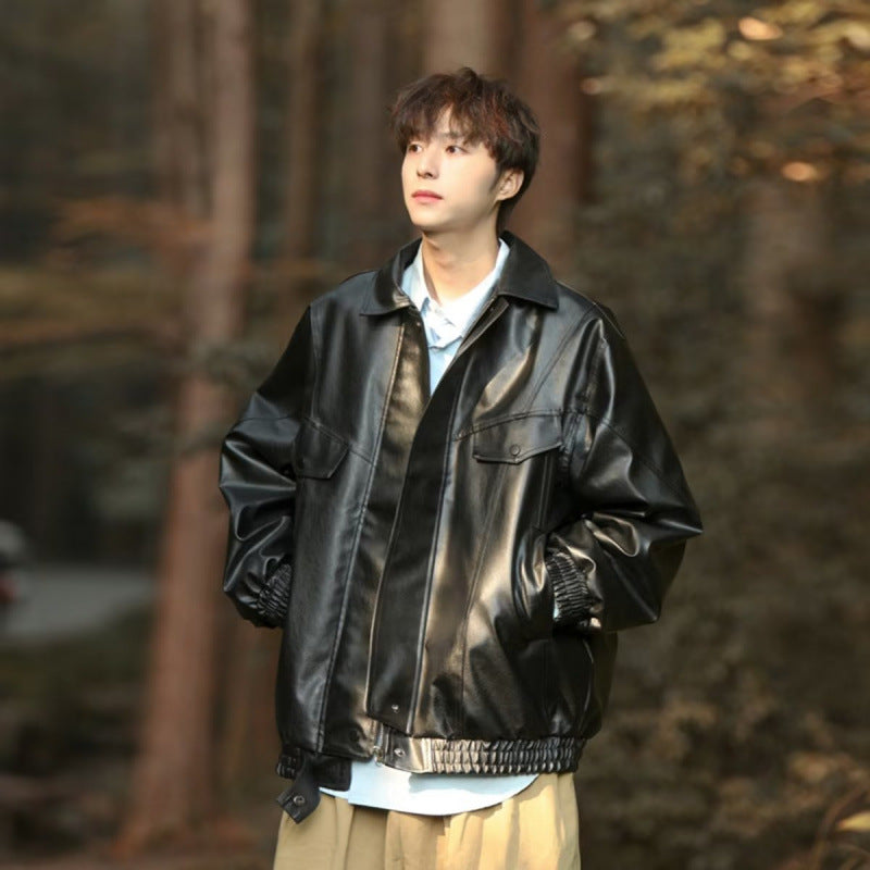 Herren Oversized Kunstleder Bomberjacke mit Pattentaschen Chichicherry