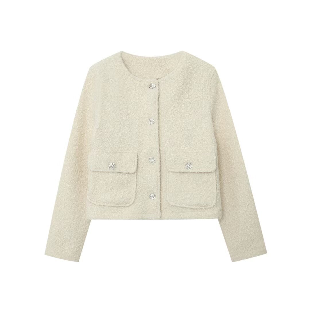 Women's short jacket in bouclé-tweed look with round neckline and crystal decorative buttons Chichicherry