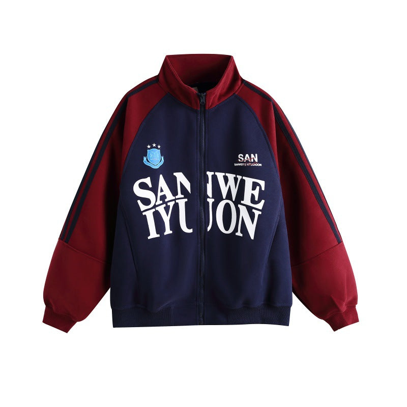 Unisex Oversize College Track Jacket with Stand-up Collar and Raglan Sleeves Chichicherry