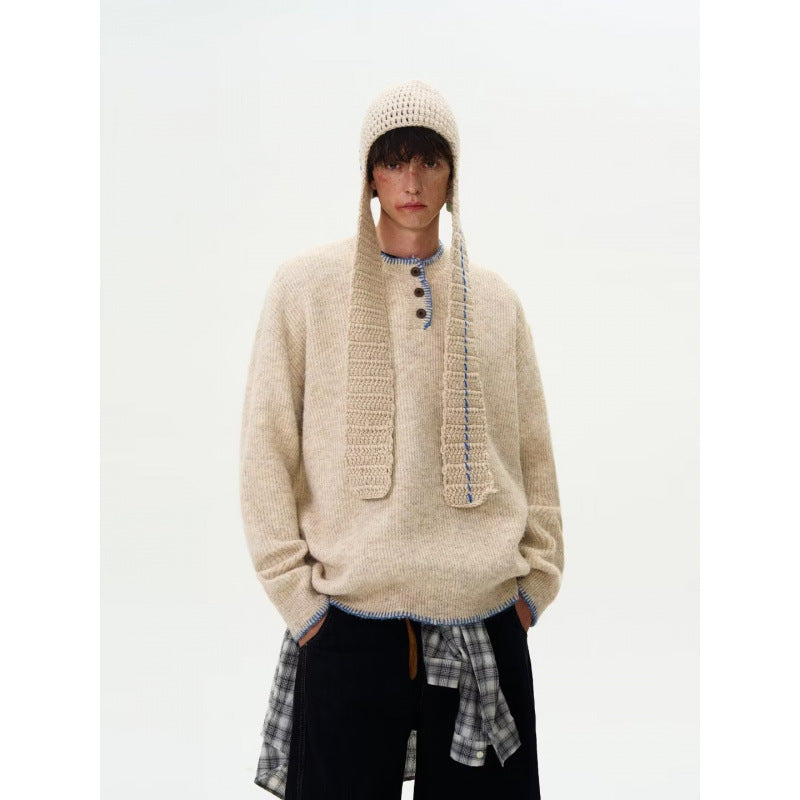 Herren Grobstrick-Henley-Pullover mit Bouclé-Optik und kontrastierten Bündchen Chichicherry