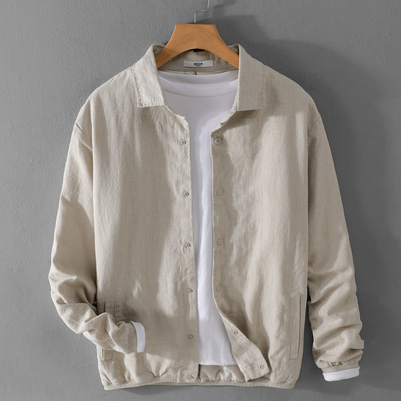 Men's Lightweight Linen Jacket with Shirt Collar, Relaxed Fit and Snap Button Placket Chichicherry