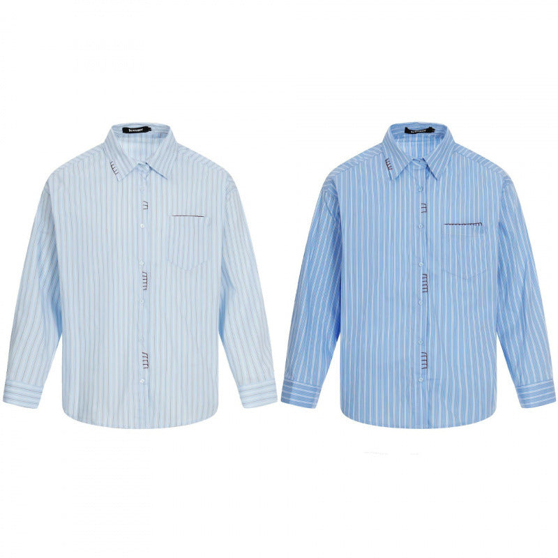 Men's Loose Oversized Shirt with Pinstripes, Chest Pocket and Contrast Stitches Chichicherry