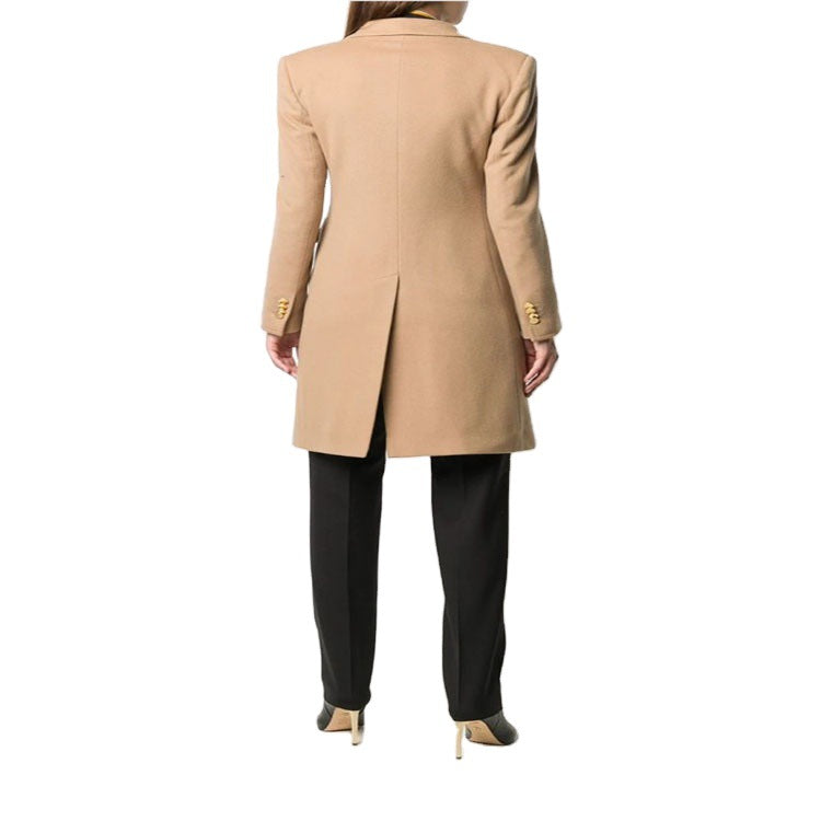 Ladies Knee-Length Double-Breasted Wool Blend Coat with Textured Lapels and Flap Pockets Chichicherry
