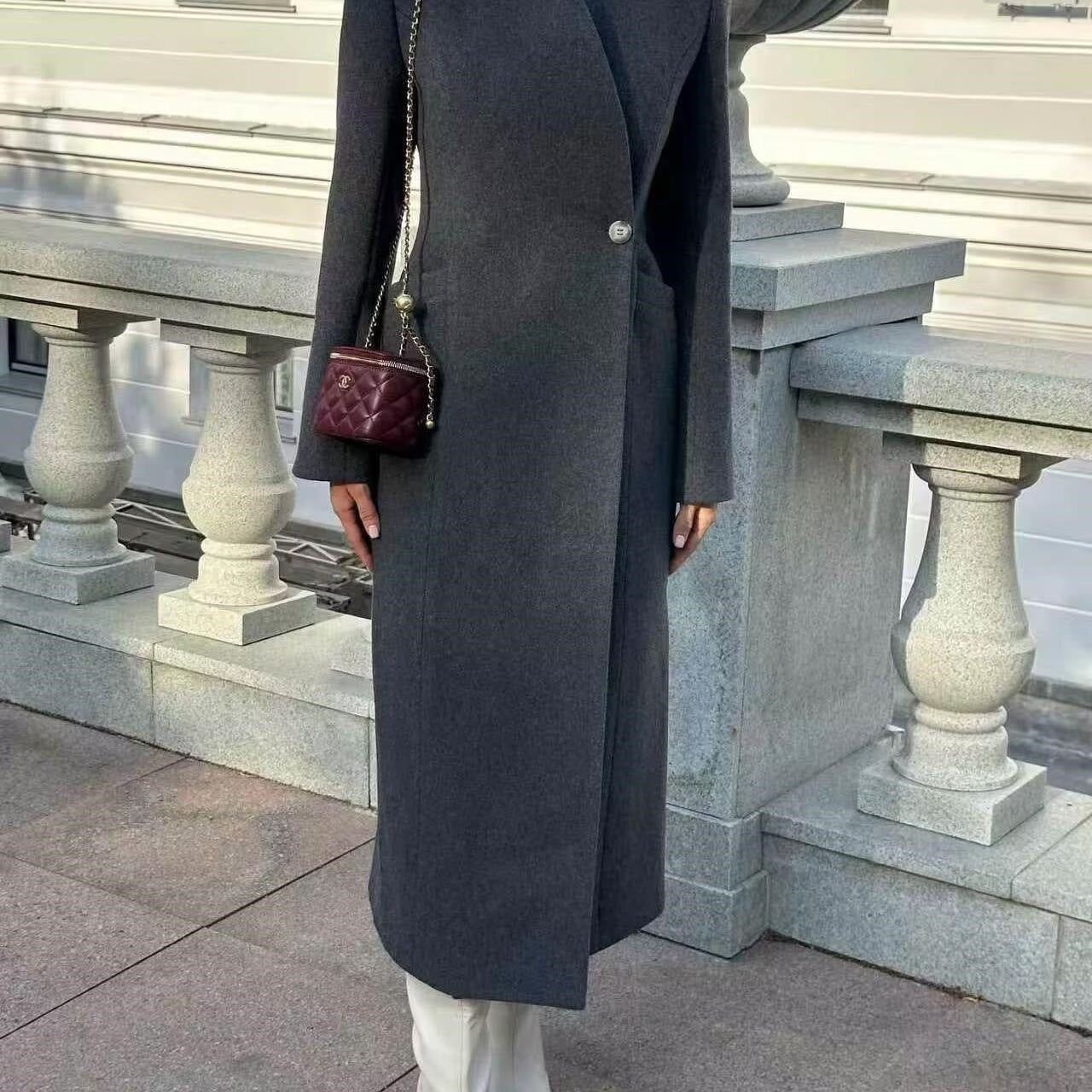 Ladies Elegant Wool Blend Long Coat with Shawl Collarless Look and Single Button Closure Chichicherry