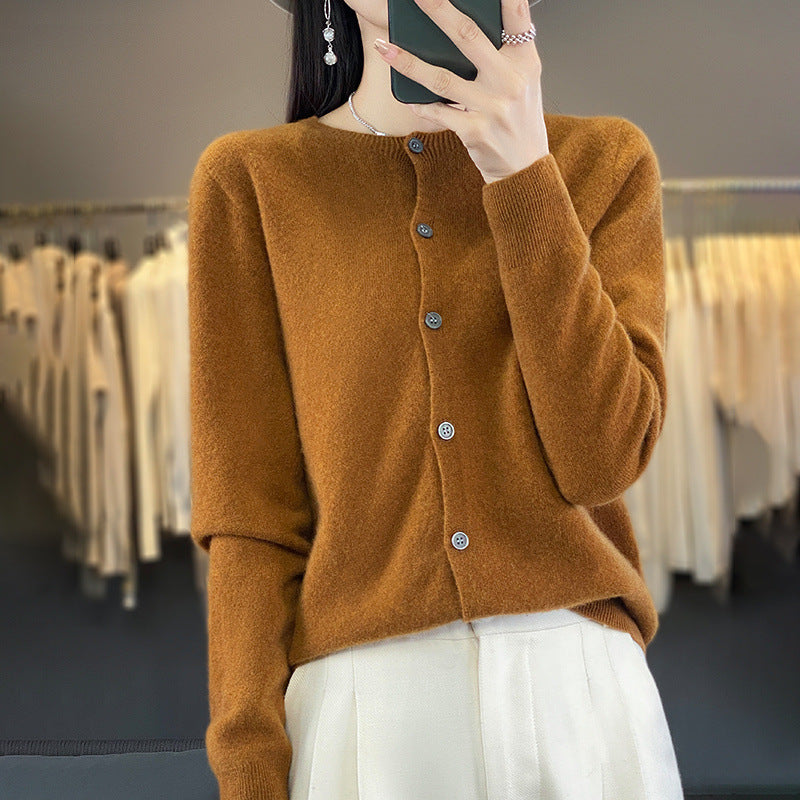 Women's Lightweight Fine Knit Cardigan with Cashmere Look, Round Neckline and Concealed Button Placket Chichicherry