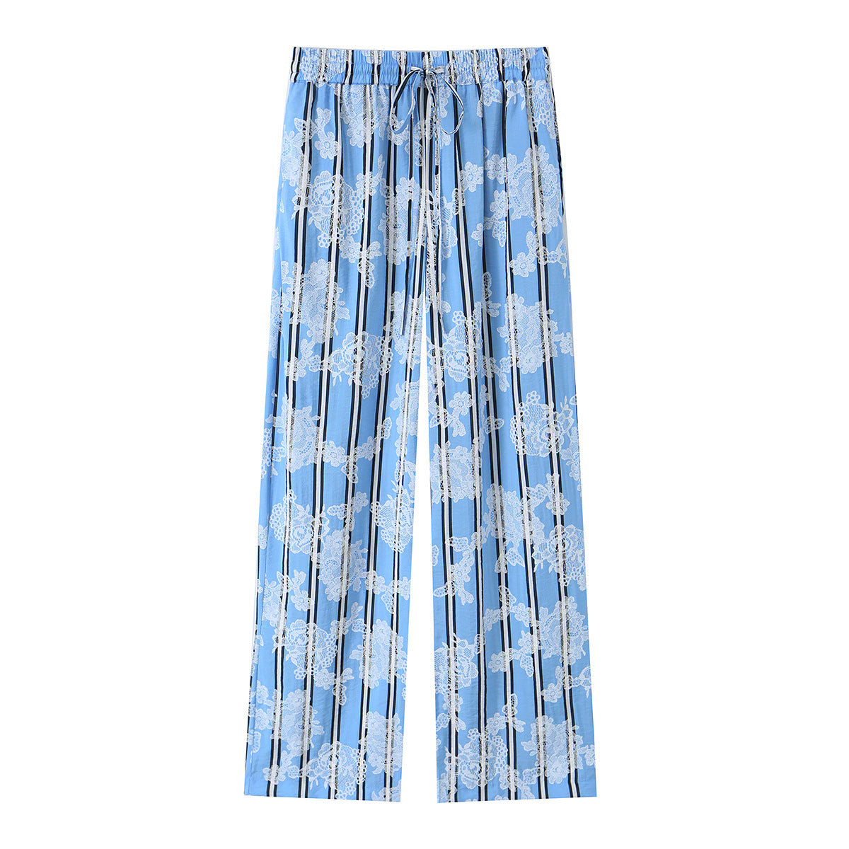Women's wide palazzo pants with elastic drawstring waistband and floral lace look Chichicherry
