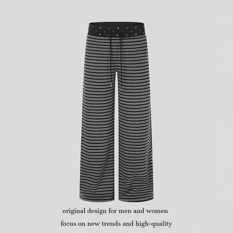 Women's Striped Palazzo Relax Pants with Studded Waistband and Drawstring Chichicherry