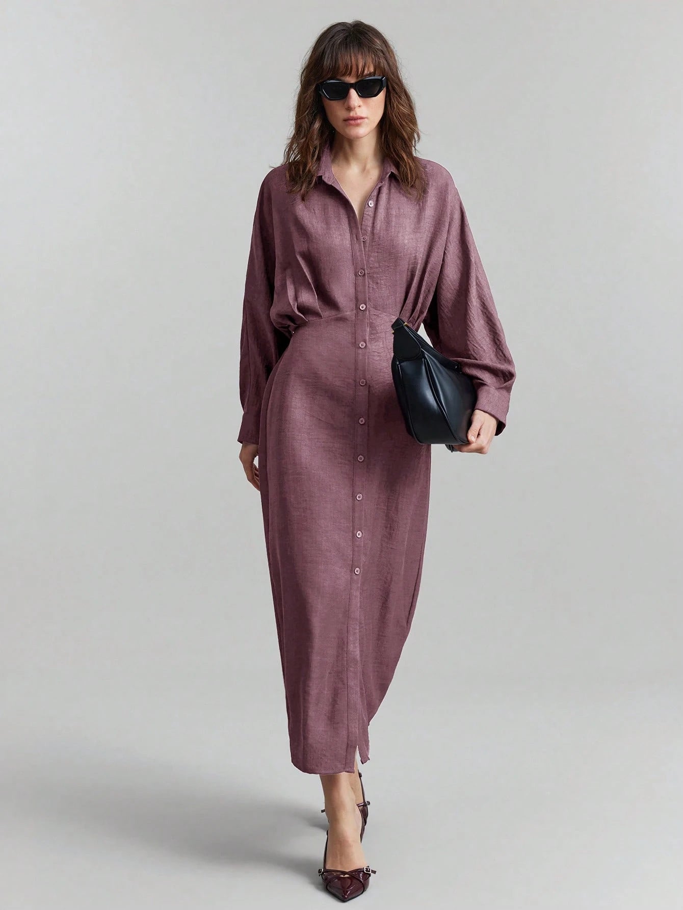 Damen Leinen-Maxikleid mit Hemdkragen, durchgehender Knopfleiste und Fledermausärmeln Chichicherry
