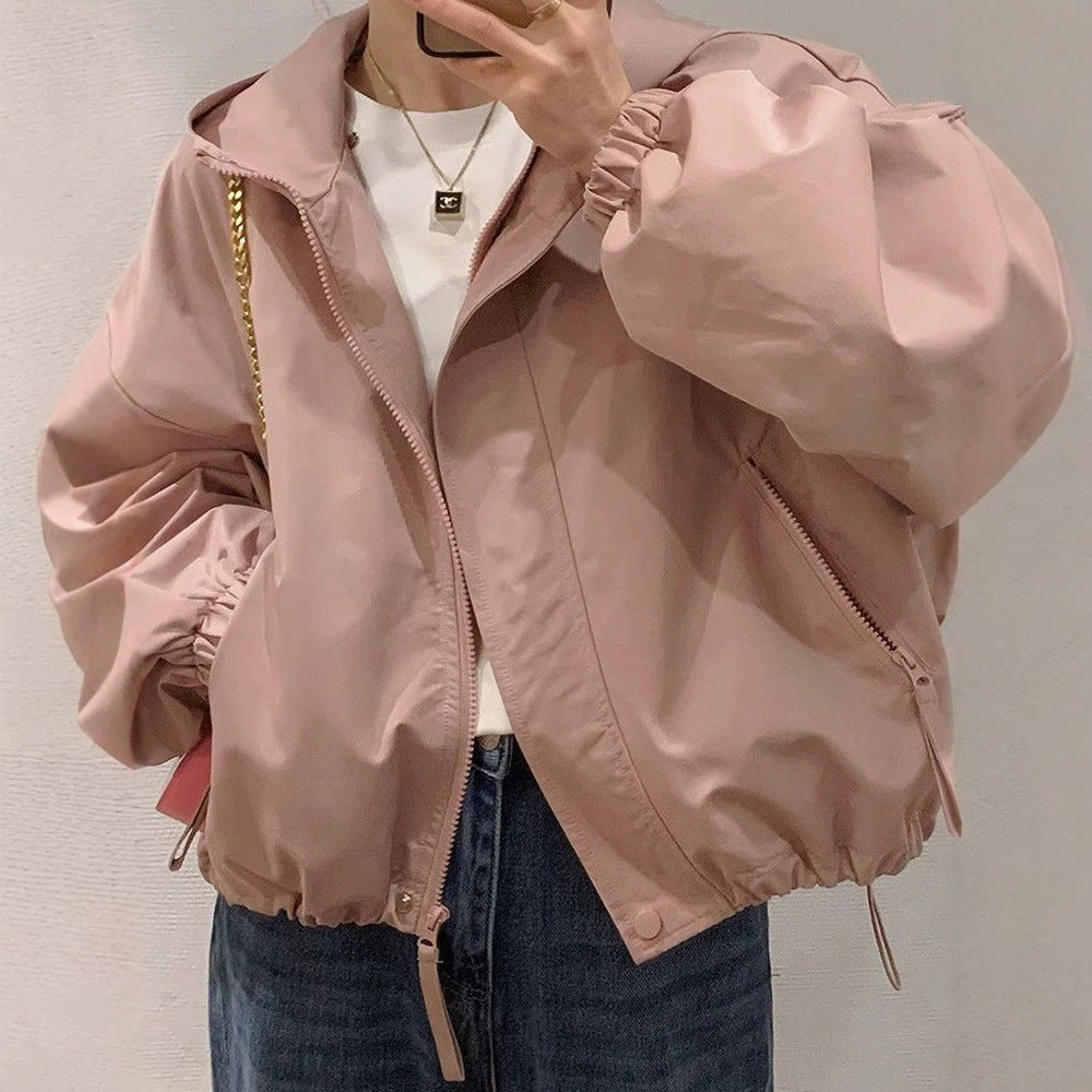 Women's oversized bomber-style hooded jacket with drawstring, elastic cuffs, and side zip pockets Chichicherry