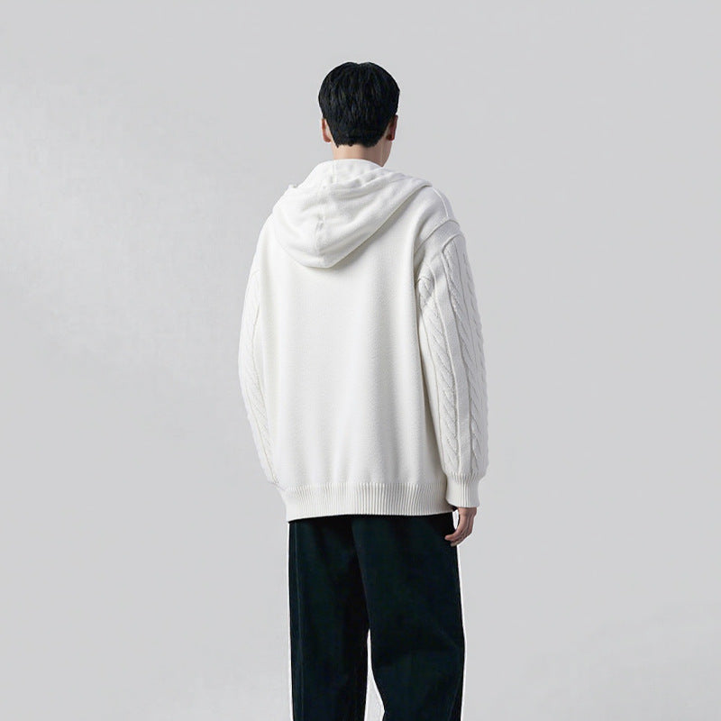 Men's Structured Cable Knit Hoodie with Button Placket Chichicherry