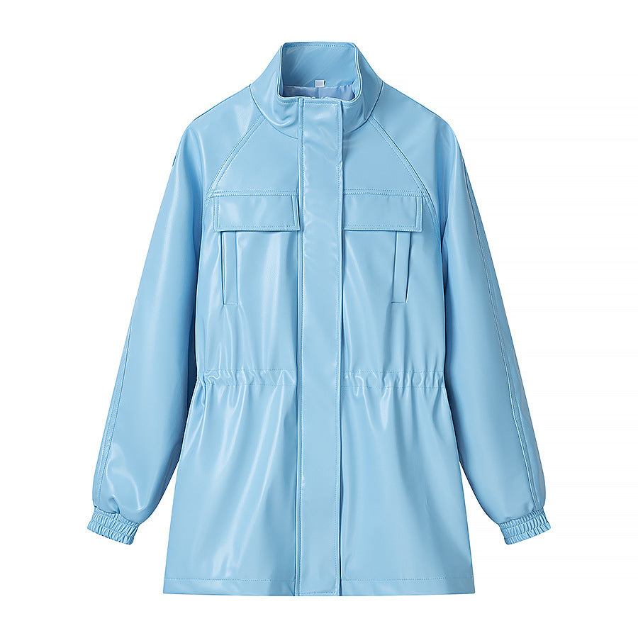 Women's faux leather parka with drawstring waist, stand-up collar, and flap pockets Chichicherry