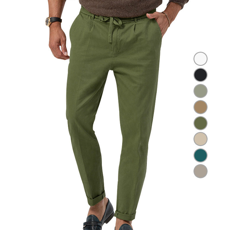 Men's Tapered Linen-Cotton Pants with Elastic Waistband, Drawstring and Cuffs Chichicherry