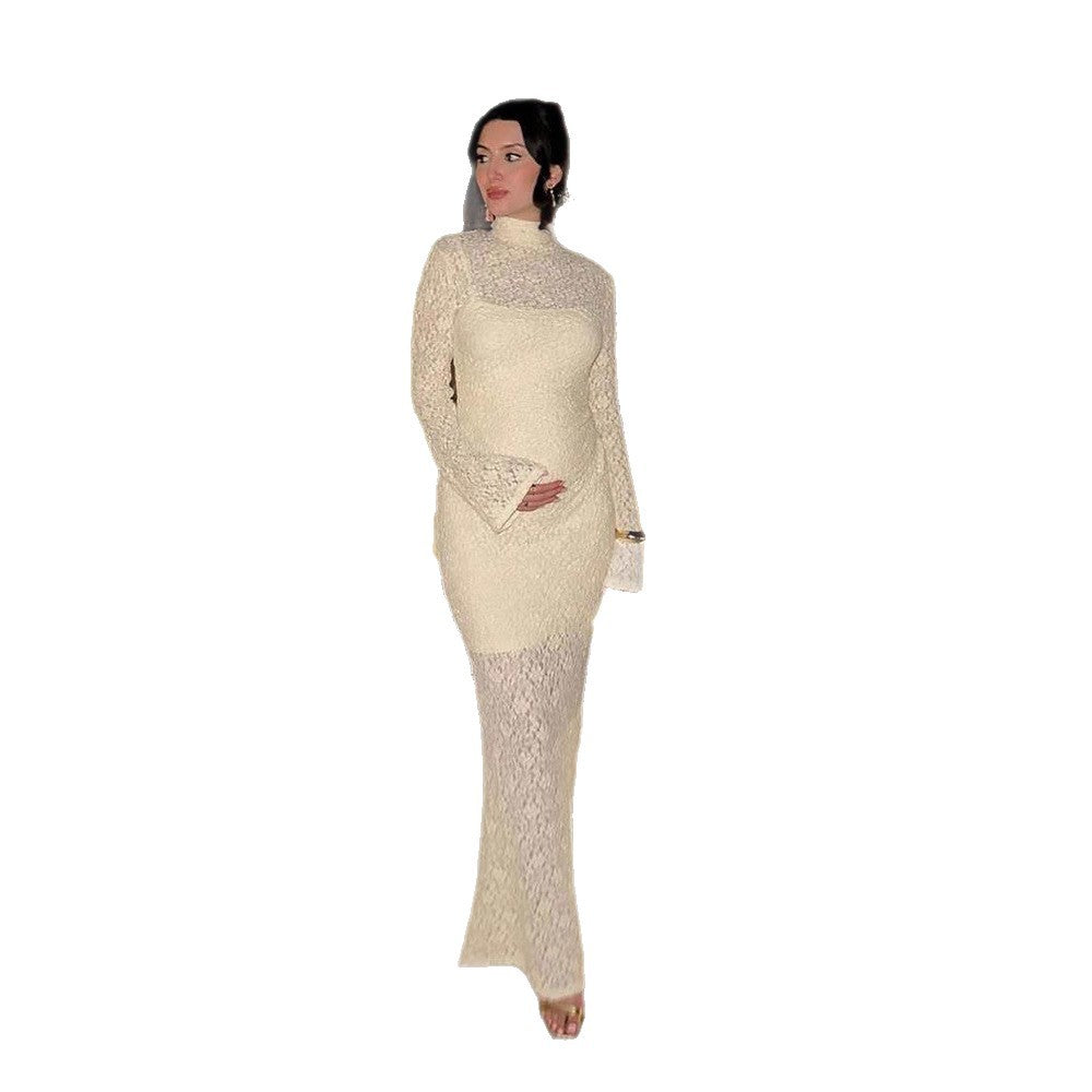 Women Elegant form-fitting Maxi dress made of lace with a stand-up collar and trumpet sleeves Chichicherry