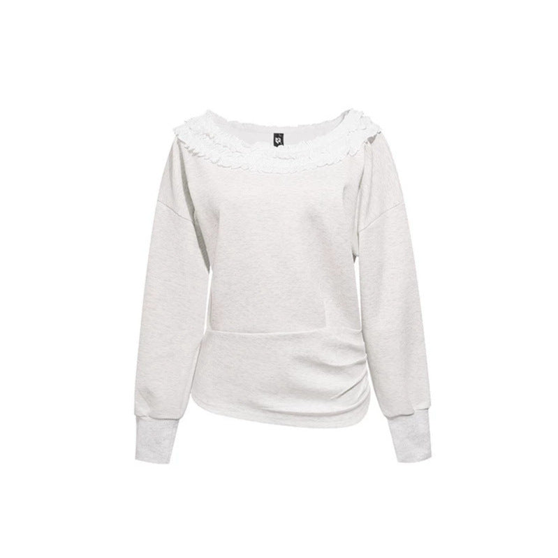 Women's sweatshirt with off-the-shoulder neckline, lace ruffle, and side gathers Chichicherry