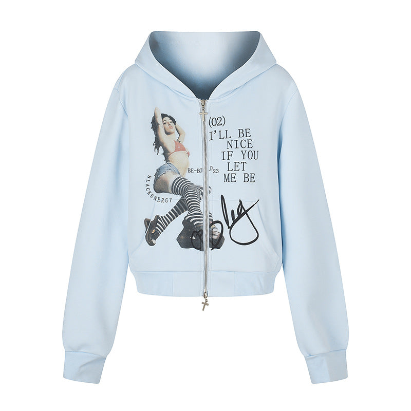 Women's Hooded Sweat Jacket with Photo Print, Short Cropped Cut and Cross Zipper Chichicherry
