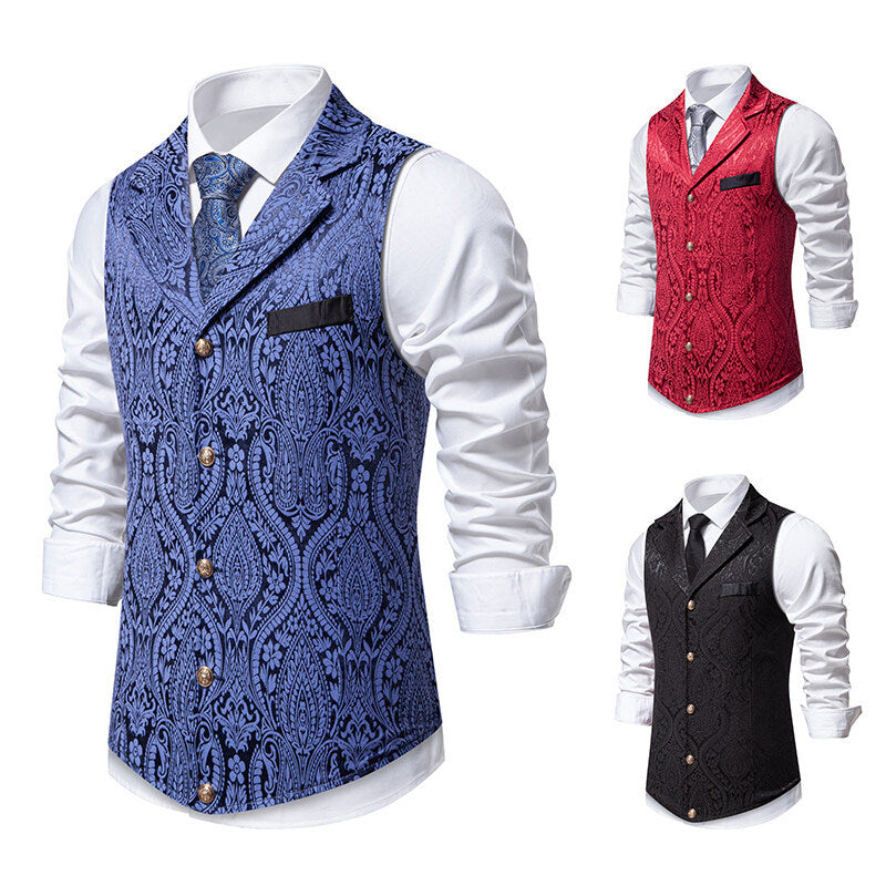 Men's Paisley Jacquard Waistcoat with Shawl Collar, Tailored Fit and Decorative Buttons Chichicherry