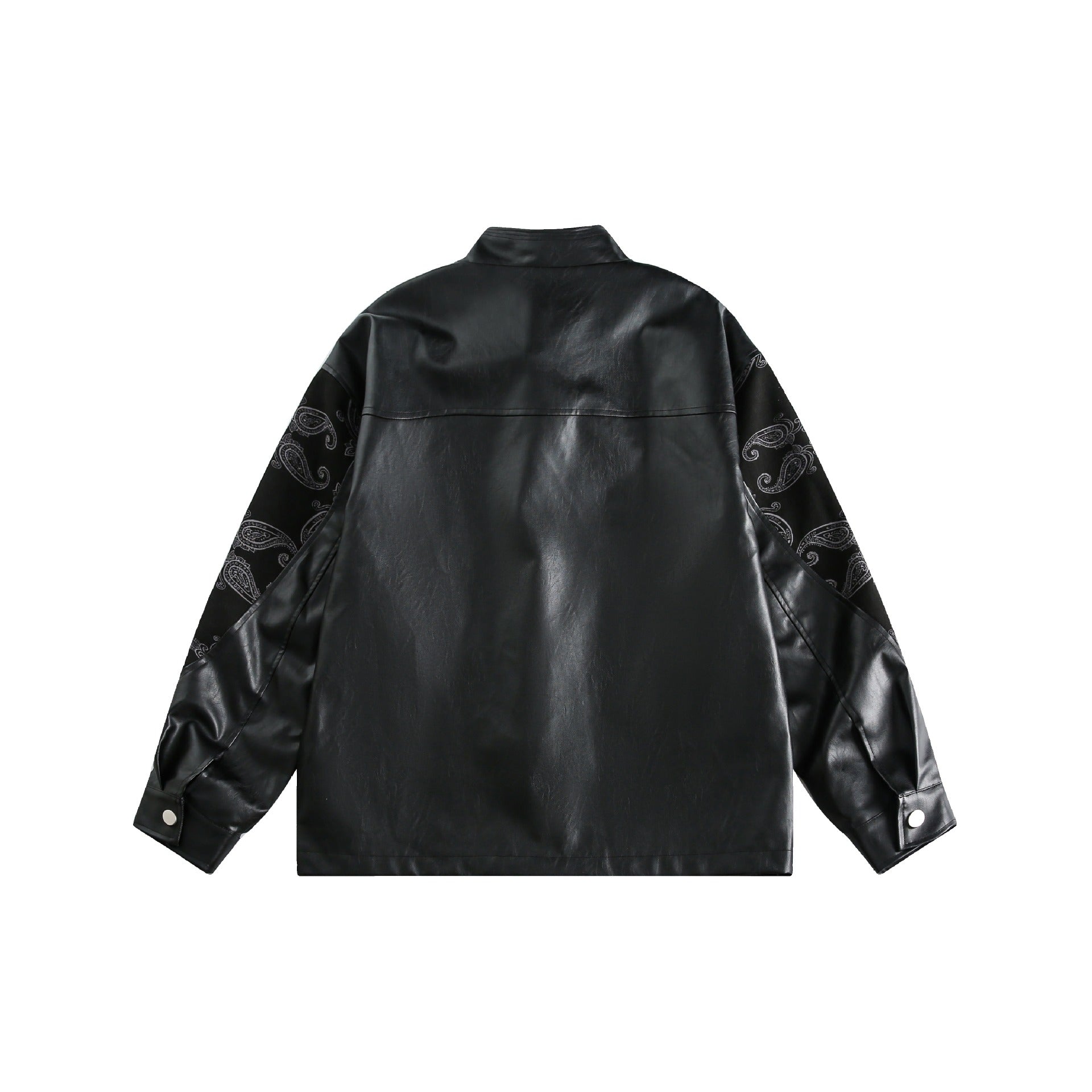 Unisex faux leather bomber jacket with paisley sleeves and toggle closures Chichicherry