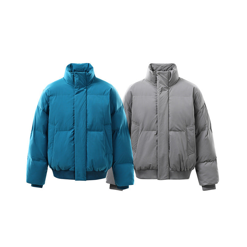 Unisex Short-cut Boxy Puffer Jacket with High Stand Collar and Internal Zipper Chichicherry