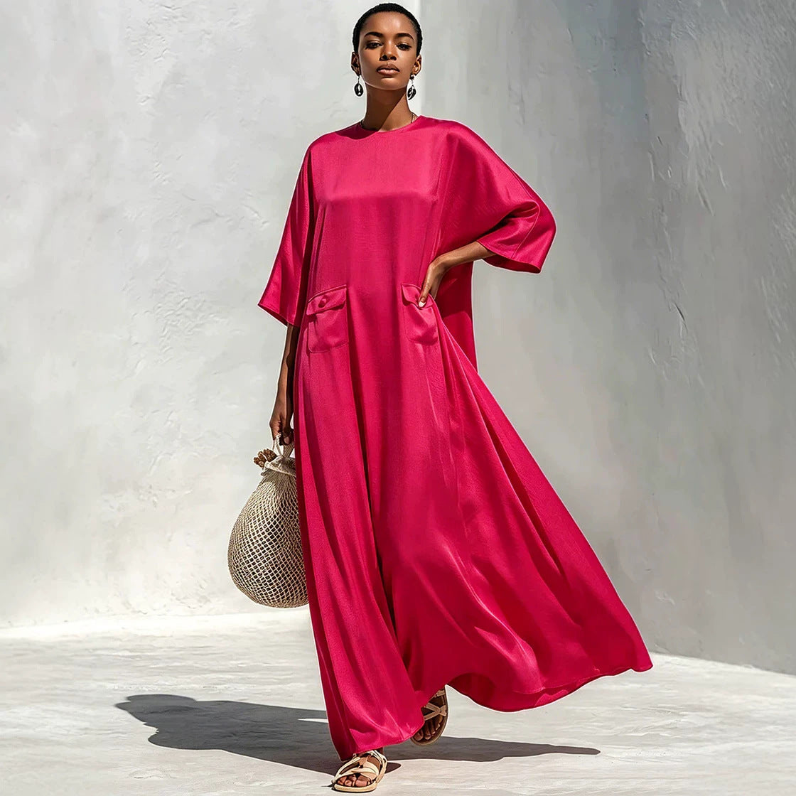 Women's Flowing Maxi Dress with Oversized Kaftan Cut and Patch Pockets Chichicherry