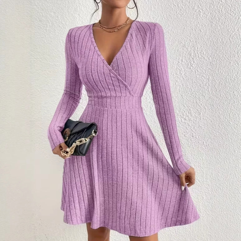 Women's knitted dress with wrap V-neck, tailored waist and flared A-line skirt Chichicherry